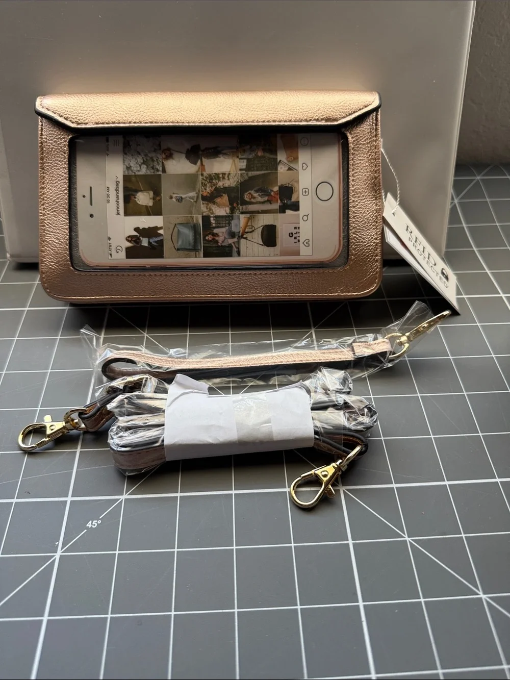 bebe Metallic Rose Gold Phone Crossbody Wallet